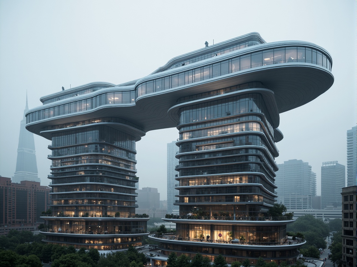 Prompt: Futuristic skyscraper, cantilevered floors, curved lines, dynamic shapes, parametric design, algorithmic patterns, 3D printed components, modular construction, sustainable materials, recycled steel beams, translucent glass facades, LED lighting systems, urban cityscape, misty morning atmosphere, shallow depth of field, 1/2 composition, dramatic shadows, realistic reflections.