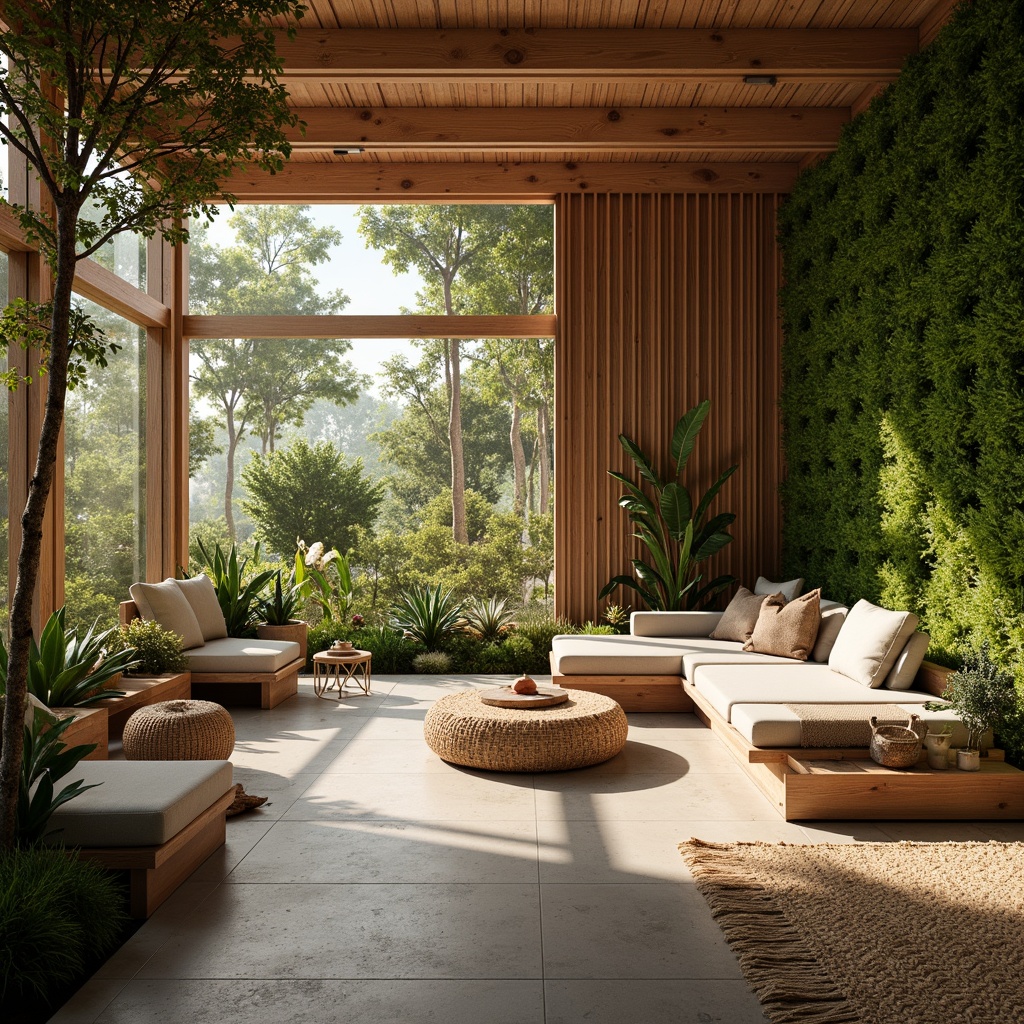 Prompt: Earthy tones, reclaimed wood accents, living green walls, organic shapes, natural stone flooring, bamboo textures, woven rattan furniture, eco-friendly materials, sustainable architecture, minimalist design, abundant natural light, soft warm ambiance, shallow depth of field, 1/1 composition, realistic rendering, ambient occlusion.