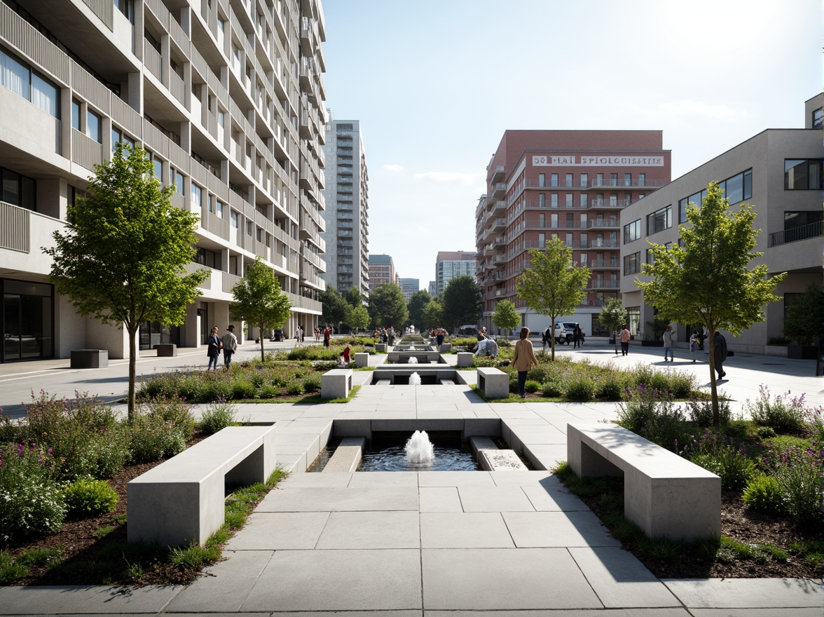 Prompt: Geometric gardens, asymmetrical planters, industrial metal benches, minimalist water features, modernist sculptures, abstract concrete pathways, functionalist building facades, rectangular windows, flat roofs, monochromatic color schemes, bold typography, urban cityscape, sunny day, high contrast lighting, shallow depth of field, 2/3 composition, symmetrical framing, realistic textures, ambient occlusion.