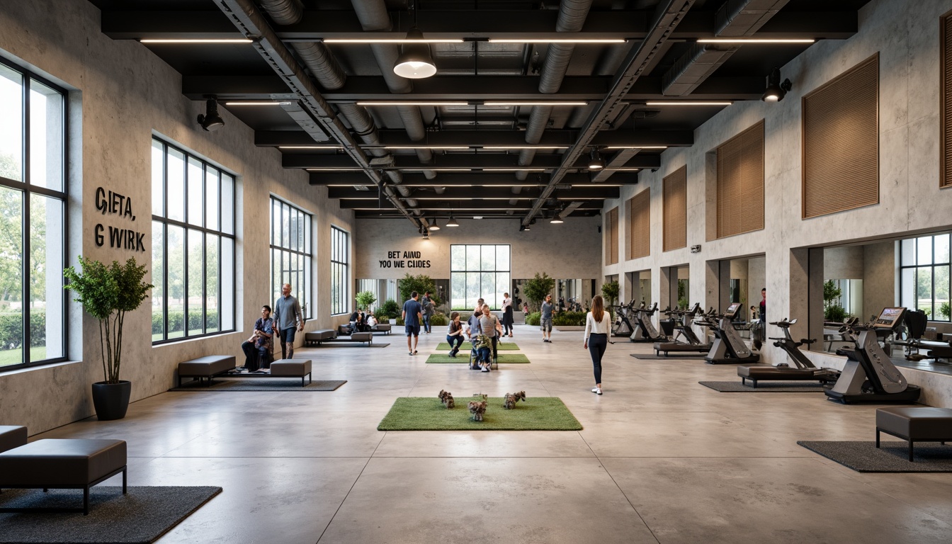 Prompt: Minimalist gym interior, industrial-style flooring, exposed ductwork, concrete walls, steel beams, functional lighting, sleek equipment stations, mirrored walls, wooden accents, natural stone features, open spaces, high ceilings, abundant natural light, subtle color palette, modern minimalist furniture, ergonomic seating, motivational quotes, athletic-inspired decor, panoramic windows, shallow depth of field, 1/1 composition, realistic textures, ambient occlusion.