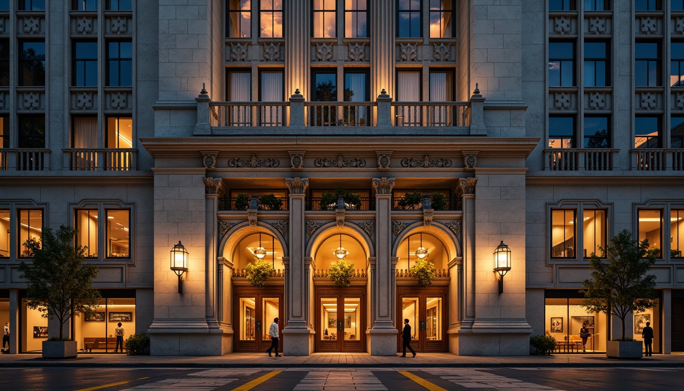 Prompt: Grandiose skyscraper, neoclassical facade, ornate columns, carved stone details, symmetrical composition, grand entrance, bronze doors, elegant balconies, intricate moldings, ornamental railings, limestone cladding, granite base, majestic clock tower, panoramic city view, dramatic nighttime lighting, warm golden illumination, shallow depth of field, 1/1 composition, realistic textures, ambient occlusion.