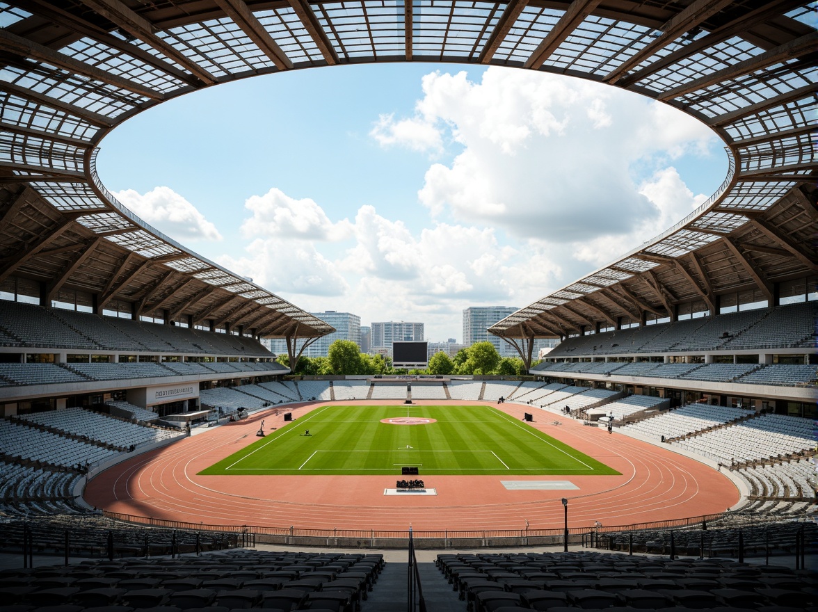 Prompt: Stadium grandstand, athletic tracks, lush green grass, sports equipment, ventilation systems, metal grilles, air intake vents, exhaust fans, natural light, clerestory windows, cantilevered roofs, modern architecture, sleek lines, minimalist design, functional layout, high ceilings, open spaces, airy atmosphere, soft warm lighting, shallow depth of field, 3/4 composition, panoramic view, realistic textures, ambient occlusion.