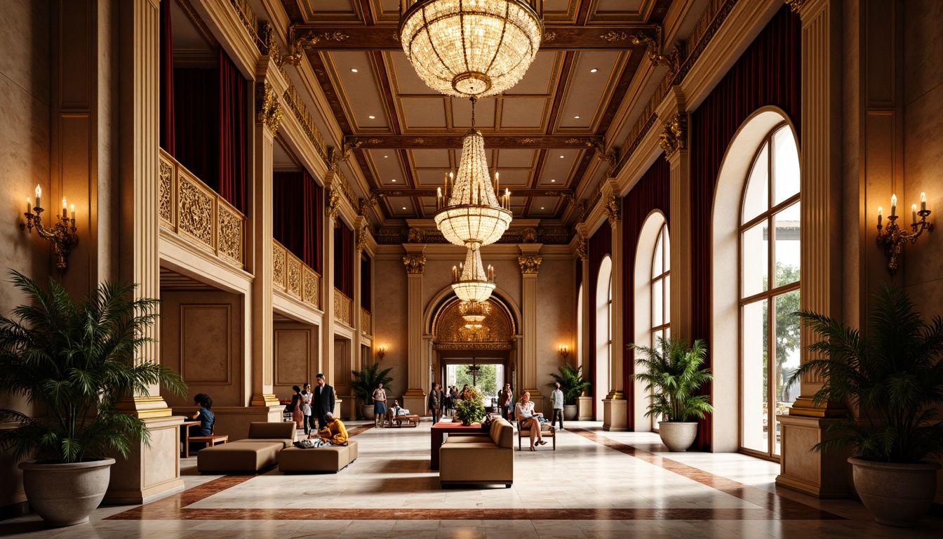 Prompt: Grand hotel lobby, high ceilings, ornate chandeliers, marble floors, intricately carved wooden paneling, gilded moldings, Corinthian columns, arched windows, velvet drapes, luxurious furnishings, crystal fixtures, warm golden lighting, shallow depth of field, 1/1 composition, symmetrical layout, realistic textures, ambient occlusion.