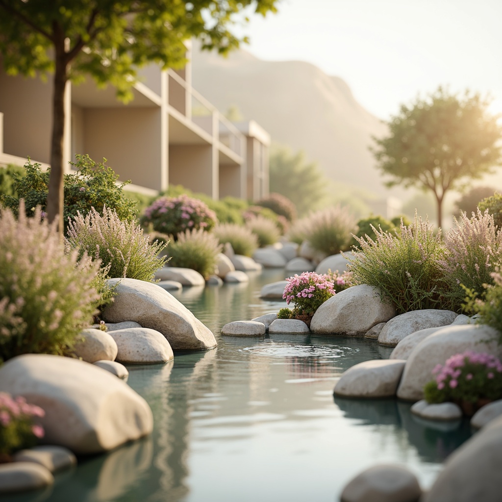 Prompt: Soft pastel hues, calming atmosphere, serene natural surroundings, gentle water features, lush greenery, blooming flowers, warm beige tones, creamy whites, pale blues, soothing mauves, earthy terracottas, subtle texture contrasts, organic shapes, minimalist composition, shallow depth of field, 1/1 aspect ratio, soft focus, warm golden lighting, realistic renderings.