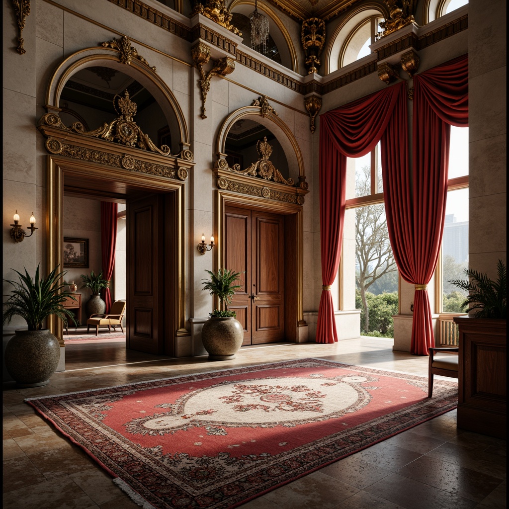 Prompt: Ornate neoclassical building, marble columns, intricately carved stone facades, ornamental metalwork, grandiose entranceways, polished wooden doors, luxurious velvet drapes, gilded frames, crystal chandeliers, richly patterned rugs, opulent furnishings, subtle warm lighting, shallow depth of field, 1/1 composition, realistic textures, ambient occlusion.