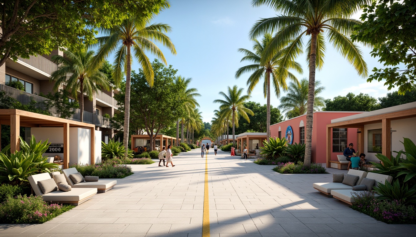 Prompt: Tropical island bus station, lush greenery, swaying palm trees, vibrant hibiscus flowers, natural stone benches, wooden shelters, nautical-themed signage, ocean-inspired murals, coral-colored buildings, modern minimalist architecture, large overhangs, shaded waiting areas, warm sunny day, soft diffused lighting, shallow depth of field, 1/1 composition, panoramic view, realistic textures, ambient occlusion.