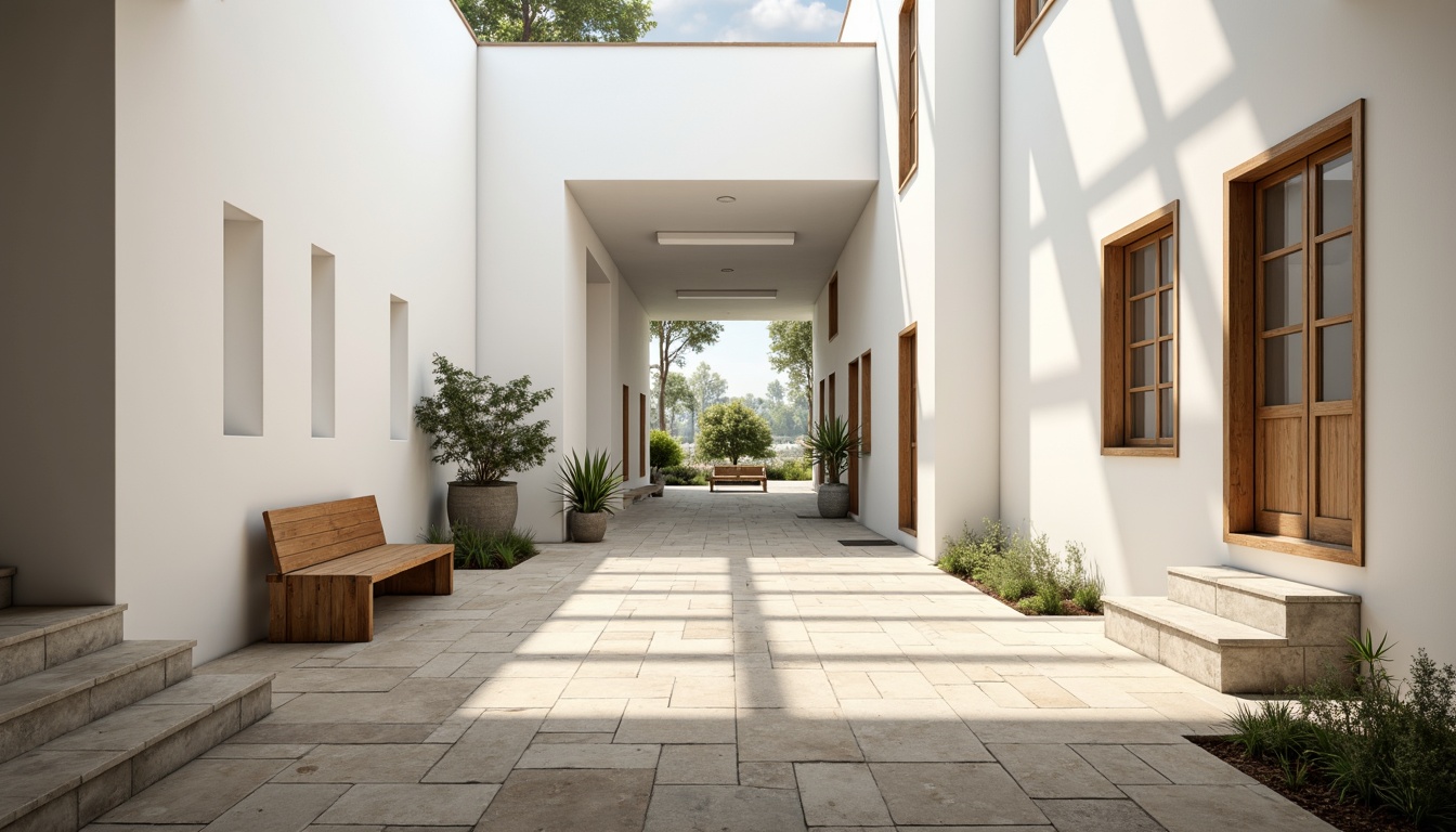 Prompt: Serene monastery courtyard, minimalist Bauhaus architecture, clean lines, simple shapes, white walls, large windows, natural stone floors, wooden benches, sparse greenery, subtle shadows, soft warm lighting, high ceilings, clerestory windows, diffused light, 1/1 composition, realistic textures, ambient occlusion.