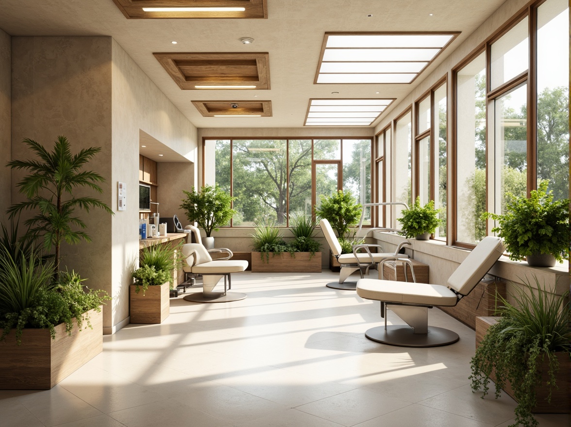 Prompt: Spacious dental clinic, natural ventilation systems, large windows, clerestory windows, skylights, green roofs, living walls, air-purifying plants, calming ambiance, soft diffused lighting, warm beige tones, minimalist decor, ergonomic furniture, stainless steel equipment, modern dental chairs, gentle color scheme, soothing atmosphere, shallow depth of field, 1/1 composition, realistic textures, ambient occlusion.