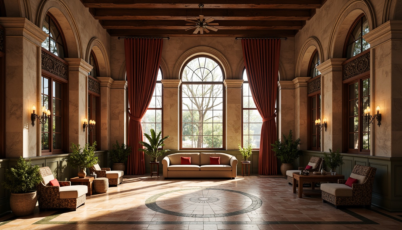 Prompt: Rustic stone walls, ornate carvings, grand archways, stained glass windows, intricate mosaics, polished marble floors, rich wood paneling, luxurious velvet drapes, ornamental metalwork, vintage furniture pieces, warm golden lighting, soft focus, shallow depth of field, 2/3 composition, symmetrical framing, realistic textures, ambient occlusion.