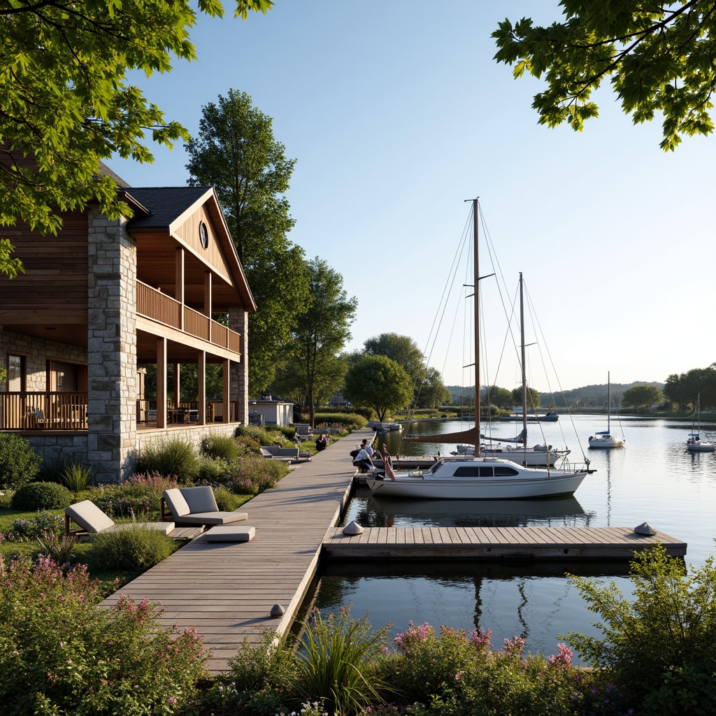 Prompt: Waterfront boathouse, rustic wooden docks, serene lake views, lush greenery, vibrant flowers, natural stone walls, wooden accents, nautical decorations, sailboats, kayaks, paddleboards, tranquil atmosphere, warm sunny day, soft diffused lighting, shallow depth of field, 3/4 composition, panoramic view, realistic textures, ambient occlusion.