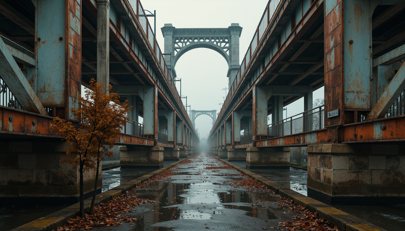 Prompt: Rustic steel bridges, industrial-era aesthetic, weathered metal textures, warm earthy tones, muted blue-grey hues, rich brown wood accents, natural stone foundations, misty atmospheric effects, soft golden lighting, shallow depth of field, 2/3 composition, cinematic view, realistic reflections, ambient occlusion.