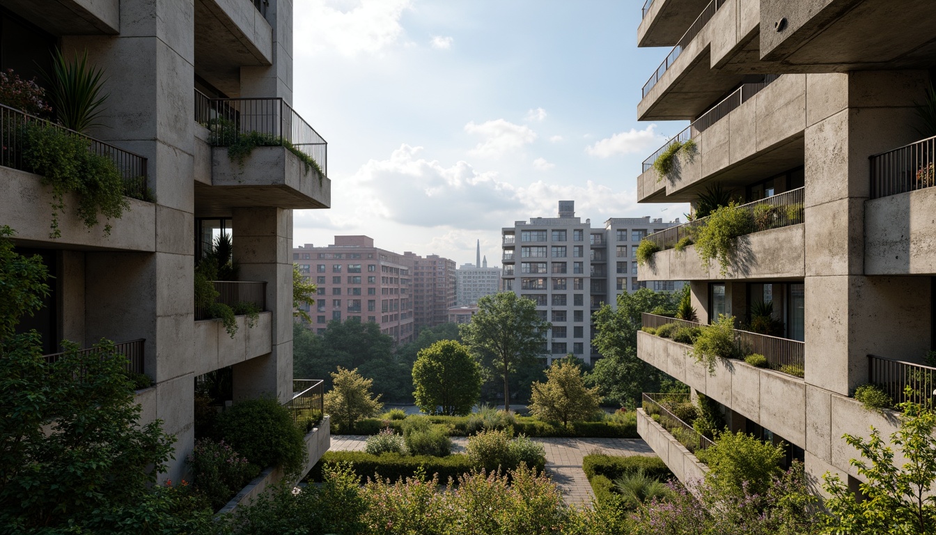 Prompt: Rugged brutalist buildings, raw concrete textures, fortress-like structures, overgrown vegetation, wildflowers, moss-covered walls, weathered steel beams, industrial materials, urban landscape integration, cityscape views, elevated walkways, cantilevered sections, dramatic shadows, harsh natural light, 1/1 composition, symmetrical framing, high-contrast colors, gritty realistic textures, ambient occlusion.