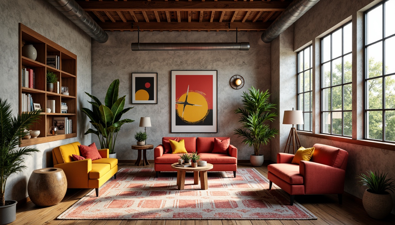 Prompt: Vibrant artistic studio, eclectic furniture, bold color blocking, contrasting textures, abstract artwork, statement lighting fixtures, industrial metal accents, reclaimed wood floors, bohemian-inspired rugs, natural stone walls, oversized windows, soft warm glow, shallow depth of field, 1/1 composition, realistic renderings, ambient occlusion.