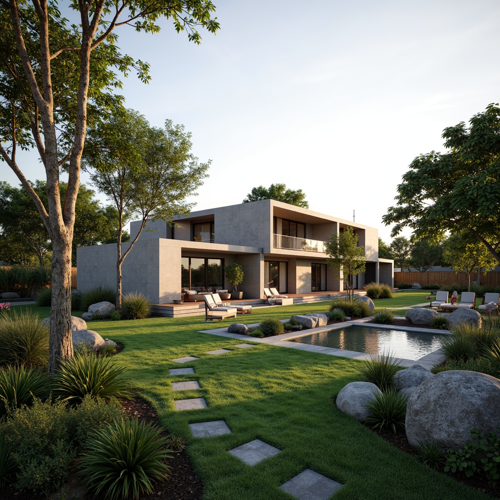 Prompt: Sleek modern villas, lush green lawns, vibrant flowerbeds, meandering stone pathways, tranquil water features, natural rock formations, wooden decks, outdoor seating areas, minimalist garden ornaments, ambient lighting, warm sunset glow, shallow depth of field, 1/1 composition, realistic textures, soft focus effect.