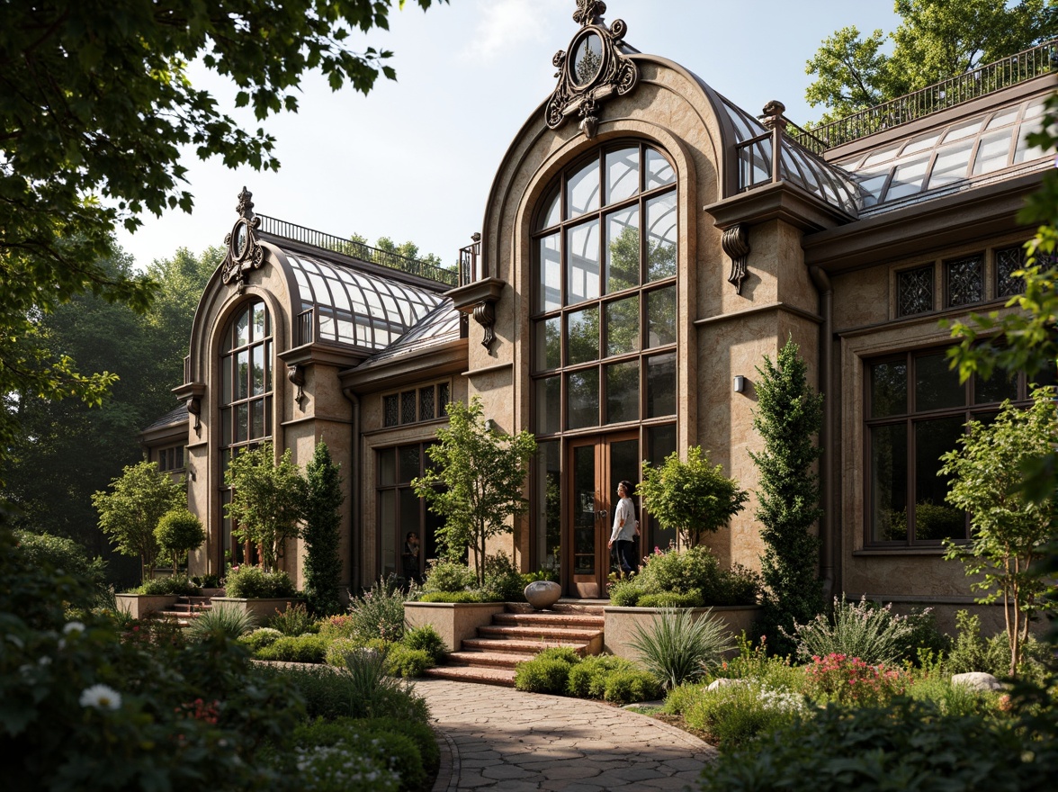 Prompt: Ornate greenhouse facade, lush greenery, elegant Victorian-era details, curved glass roofs, intricate metal frameworks, ornamental ironwork, soft natural light, warm earthy tones, rustic stone walls, climbing vines, blooming flowers, serene atmosphere, shallow depth of field, 1/1 composition, realistic textures, ambient occlusion.