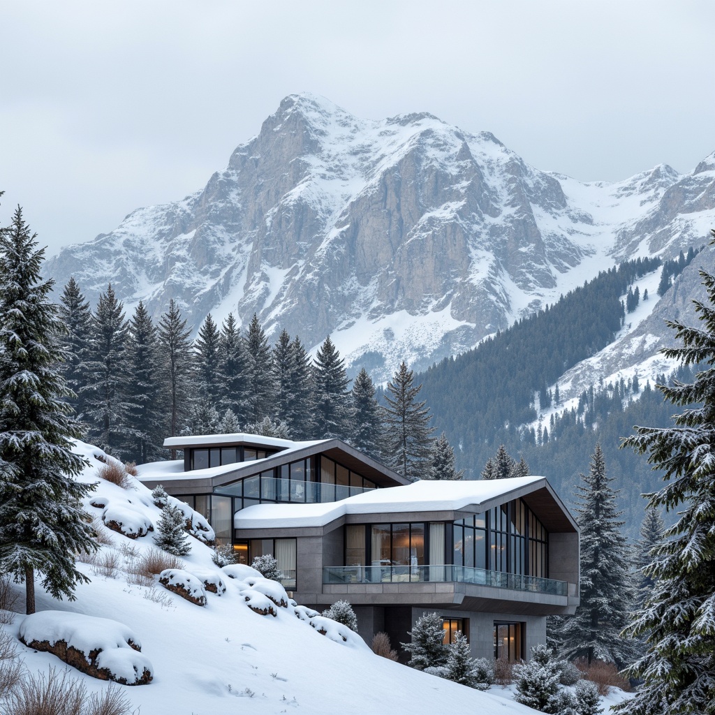 Prompt: Snow-capped mountains, frosty pine trees, icy slopes, ski lifts, modern deconstructivist architecture, fragmented facade design, irregular shapes, bold angular lines, metallic materials, glass panels, cantilevered roofs, asymmetrical compositions, dynamic lighting effects, misty atmosphere, shallow depth of field, 1/2 composition, dramatic shadows, realistic textures, ambient occlusion.