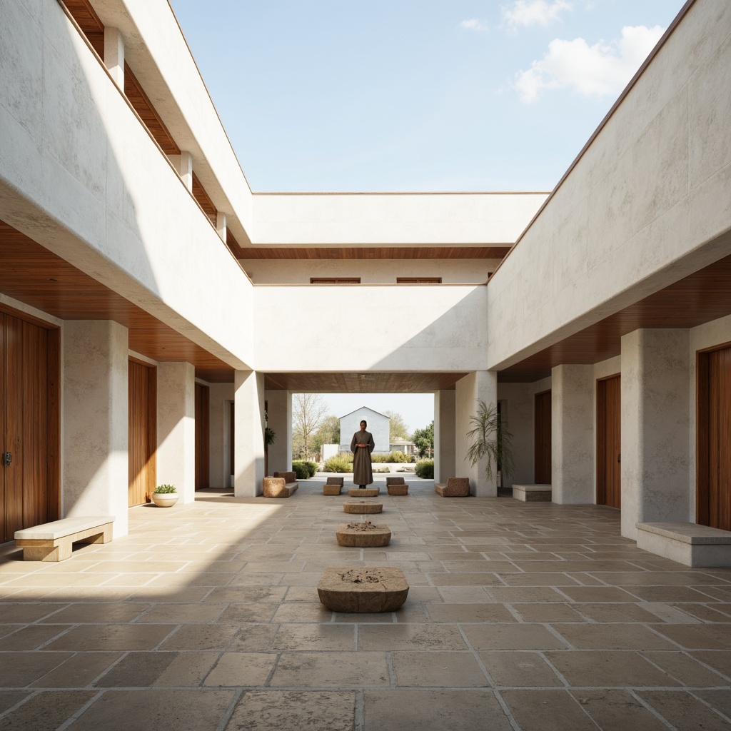 Prompt: Serene monastery courtyard, minimalist Bauhaus architecture, clean lines, simple shapes, white walls, large windows, natural stone floors, wooden accents, subtle texture, soft warm lighting, high ceilings, open spaces, sparse furniture, meditation areas, peaceful ambiance, gentle shadows, 1/1 composition, realistic materials, ambient occlusion.