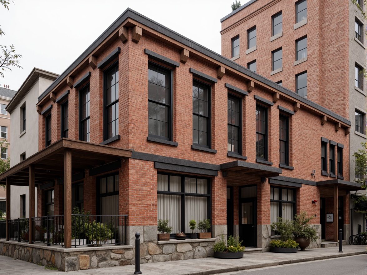 Prompt: Rustic industrial building, exposed brick facade, distressed brick walls, earthy red tones, rough-hewn stone foundations, metal accents, reclaimed wood beams, urban cityscape, overcast sky, warm soft lighting, shallow depth of field, 1/1 composition, realistic textures, ambient occlusion.