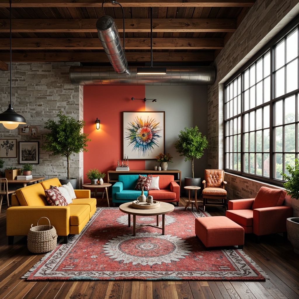 Prompt: Vibrant artistic studio, eclectic furniture, bold color blocking, contrasting textures, abstract artwork, statement lighting fixtures, industrial metal accents, reclaimed wood floors, bohemian-inspired rugs, natural stone walls, oversized windows, soft warm glow, shallow depth of field, 1/1 composition, realistic renderings, ambient occlusion.