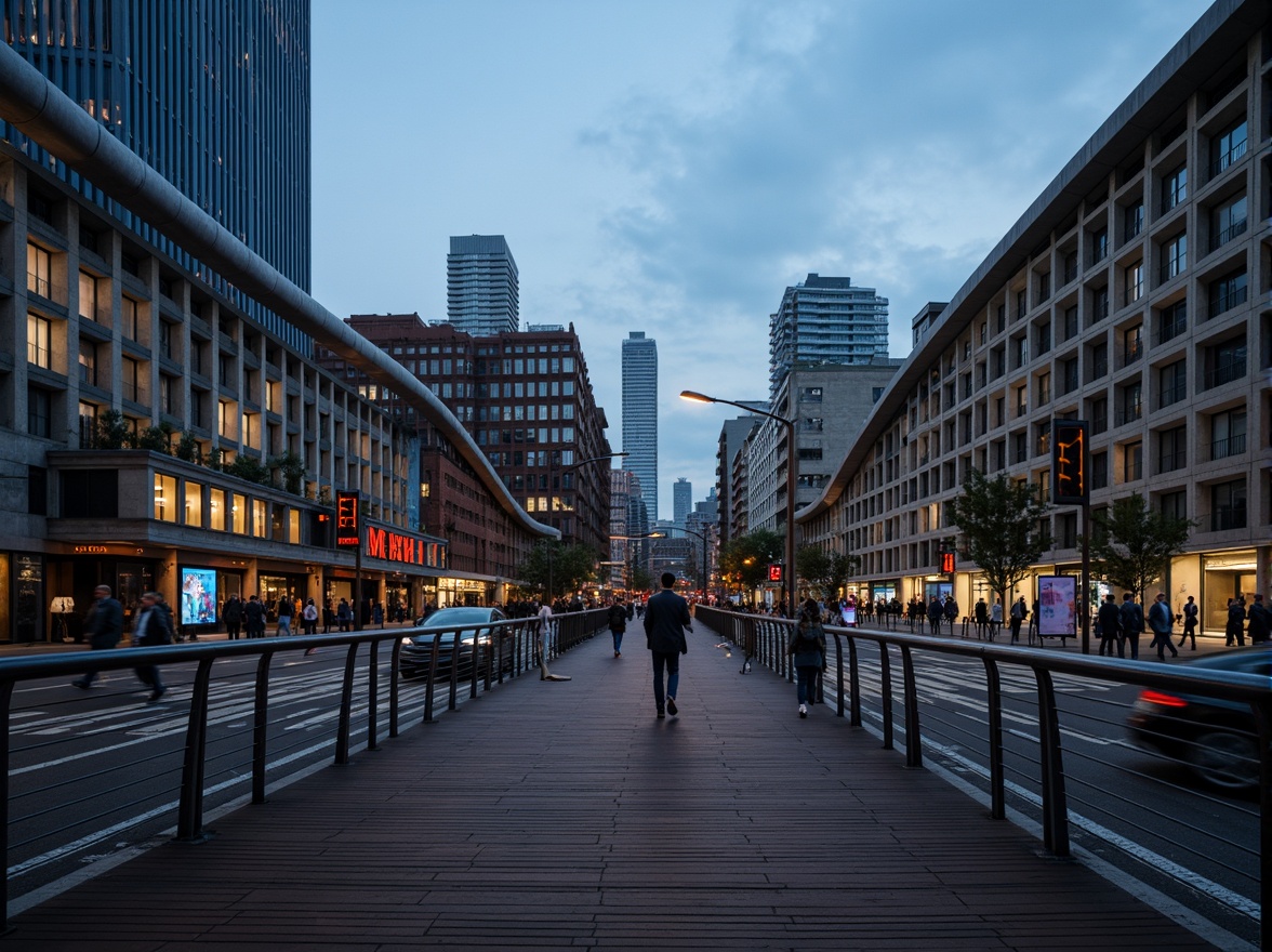 Prompt: Curved pedestrian bridge, sleek metal railings, wooden decking, modern urban landscape, city skyline, busy streets, vibrant streetlights, evening atmosphere, soft warm glow, shallow depth of field, 3/4 composition, panoramic view, realistic textures, ambient occlusion, structural columns, cantilevered sections, suspension cables, diagonal bracing, geometric shapes, minimalist design, functional aesthetics, pedestrian-friendly infrastructure, accessible ramps, safety handrails, urban connectivity.