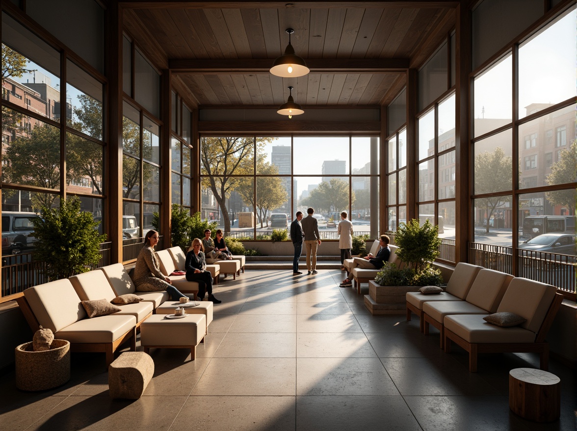 Prompt: Cozy bus station lounge, comfortable seating areas, soft cushioned chairs, wooden benches, warm lighting, natural stone flooring, modern architecture, large windows, glass roofs, urban cityscape, busy streets, morning commute, rush hour atmosphere, shallow depth of field, 1/1 composition, realistic textures, ambient occlusion.