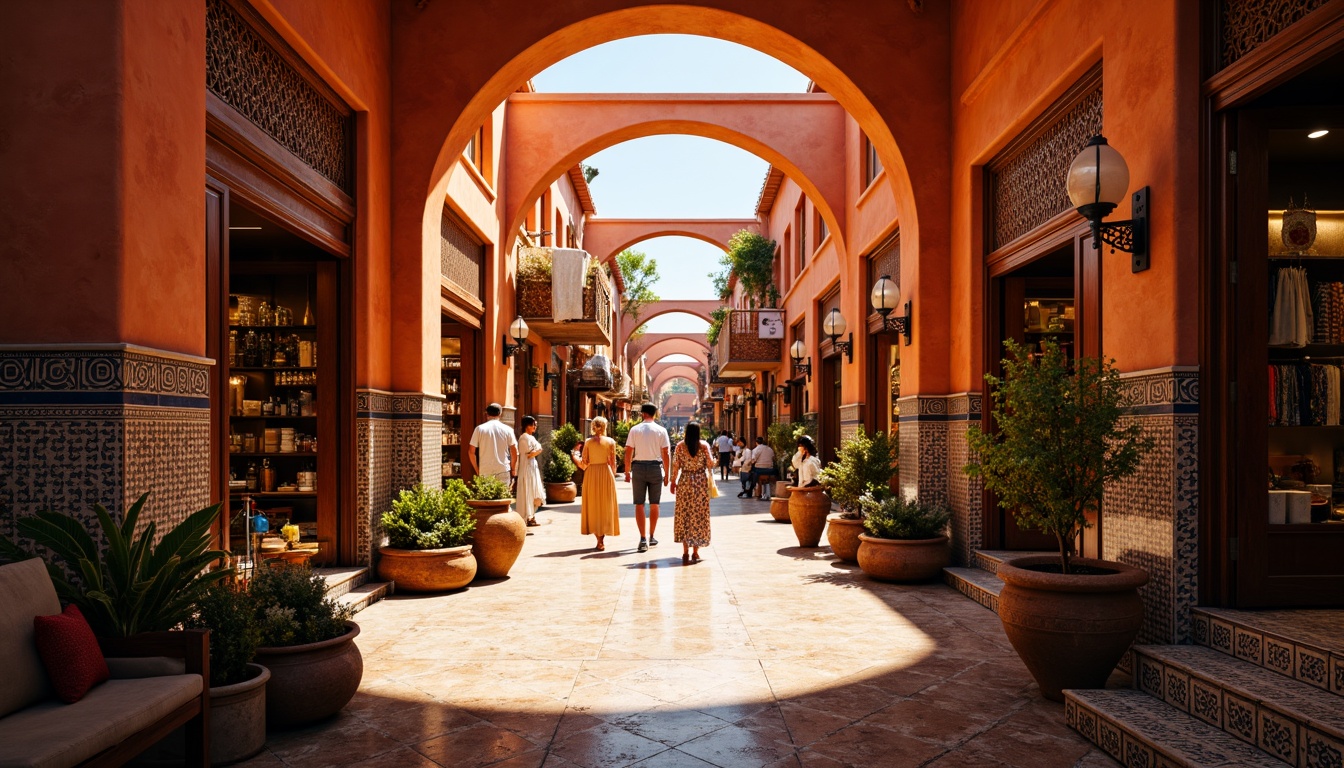 Prompt: Vibrant Moroccan souk, warm terracotta walls, intricately patterned tiles, ornate Islamic architecture, bustling marketplace atmosphere, richly colored fabrics, golden lighting, shallow depth of field, 3/4 composition, panoramic view, realistic textures, ambient occlusion.