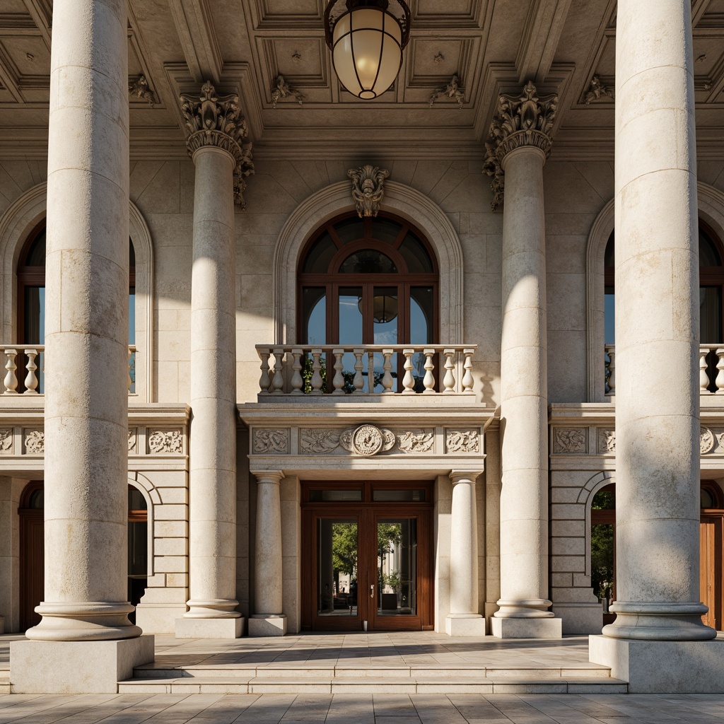 Prompt: Grandiose building facade, ornate columns, intricately carved details, symmetrical composition, classical proportions, limestone or marble materials, subtle color palette, soft natural light, warm afternoon ambiance, shallow depth of field, 2/3 composition, realistic textures, ambient occlusion, ornamental balustrades, decorative friezes, sculpted pediments, grand entranceways, sweeping staircases, elegant archways, refined moldings, luxurious ornamentation.