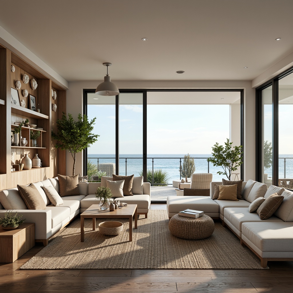 Prompt: Coastal living room, ocean-inspired color palette, driftwood accents, natural textiles, woven sea grass furniture, coral-patterned rugs, shell-adorned decorative walls, floor-to-ceiling windows, sliding glass doors, panoramic ocean views, soft warm lighting, beachy ambiance, minimalist decor, nautical-themed accessories, distressed wood flooring, plush sectional sofas, built-in shelving units, tropical plants, calming atmosphere, 1/1 composition, realistic reflections, ambient occlusion.