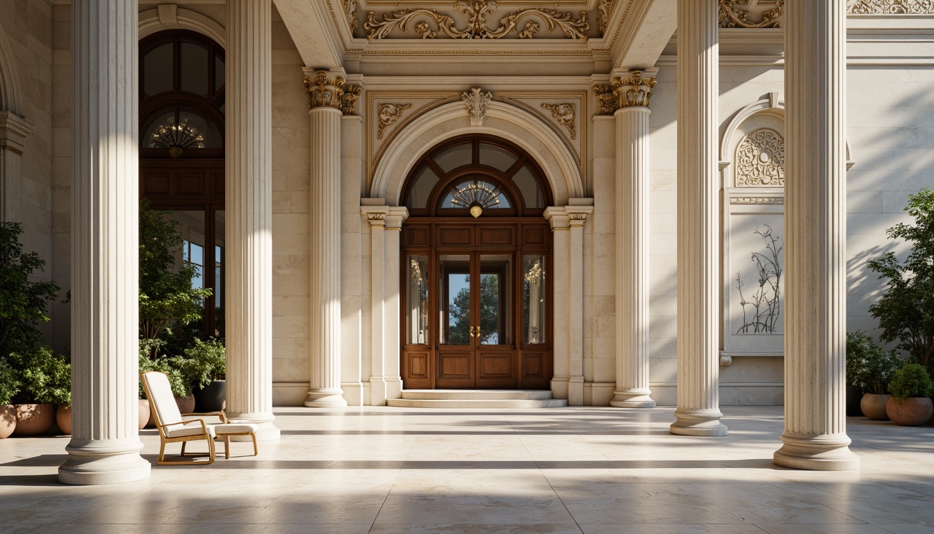 Prompt: Elegant neoclassical architecture, ornate columns, intricately carved details, grandiose entranceways, symmetrical facades, soft creamy whites, warm beige tones, rich gold accents, deep navy blues, subtle earthy browns, luxurious marble textures, ornamental moldings, refined stucco finishes, dramatic chiaroscuro lighting, high contrast ratios, 2/3 composition, atmospheric perspective, realistic reflections, ambient occlusion.