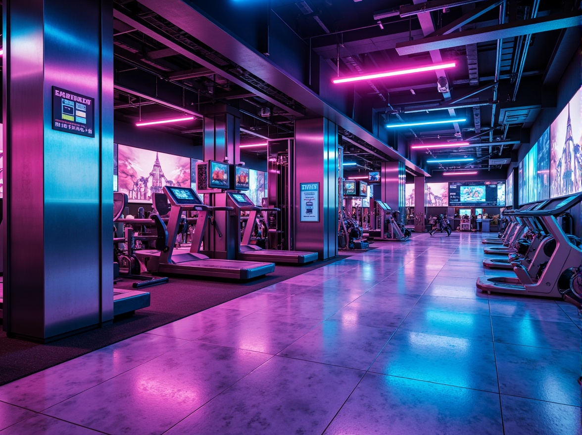 Prompt: Neon-lit fitness club, metallic surfaces, glossy floors, LED light installations, futuristic equipment, sleek machines, high-tech gadgets, virtual reality zones, holographic displays, iridescent color schemes, mirror-finish accents, polished chrome details, rubberized flooring, athletic tracks, minimalist decor, ambient lighting, shallow depth of field, 1/1 composition, cinematic view, realistic reflections, advanced materials, innovative textiles.