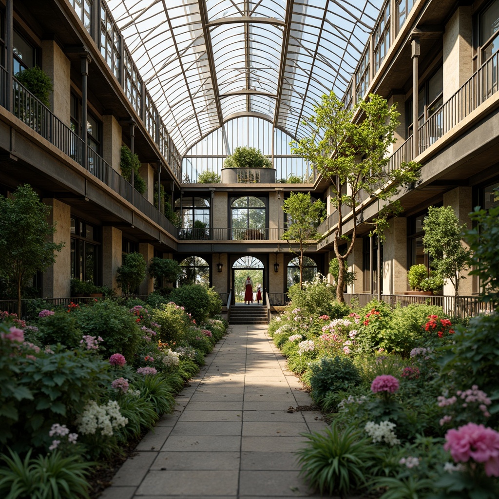 Prompt: Elegant greenhouse, lush greenery, ornate iron frames, Victorian-era inspired architecture, grand entranceways, symmetrical facades, rustic stone walls, curved glass roofs, natural ventilation systems, misting irrigation systems, tropical plants, exotic flowers, soft warm lighting, shallow depth of field, 1/1 composition, panoramic view, realistic textures, ambient occlusion, serene atmosphere, peaceful ambiance.