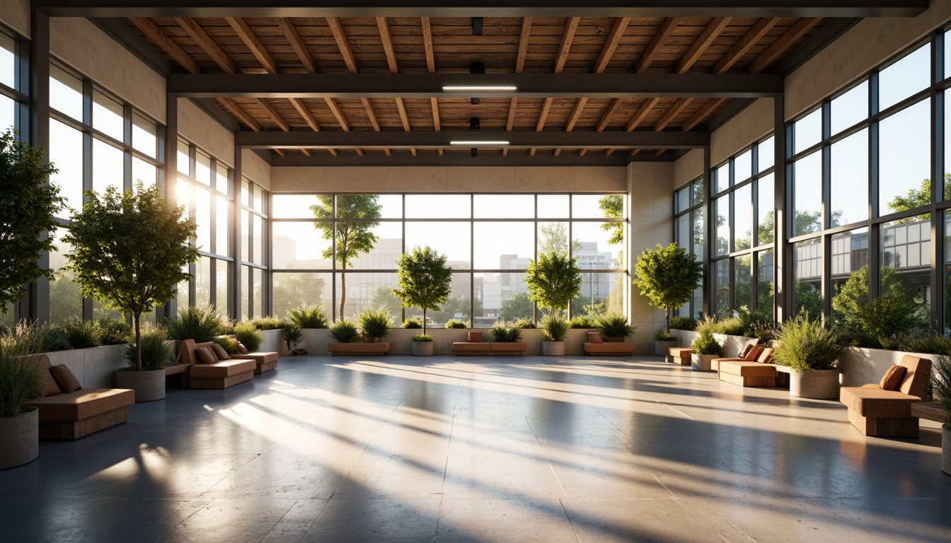 Prompt: Minimalist gymnasium interior, natural light pouring in, polished concrete floors, reclaimed wood accents, industrial metal beams, eco-friendly rubber flooring, energy-efficient LED lighting, recycled plastic benches, living green walls, air-purifying plants, calm atmosphere, soft warm glow, shallow depth of field, 1/1 composition, realistic textures, ambient occlusion.