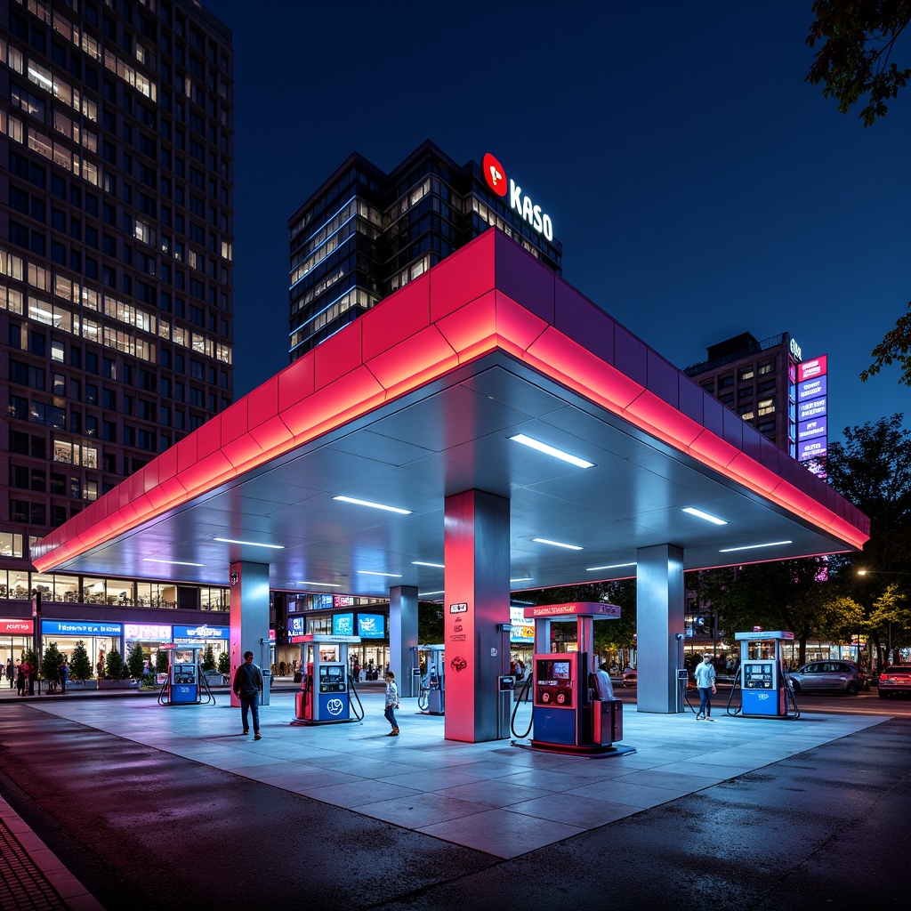 Prompt: Vibrant gas station, bold color scheme, bright LED lights, neon signs, modern architecture, sleek metal canopies, angular lines, geometric shapes, industrial materials, concrete floors, stainless steel accents, futuristic design, high-tech fueling systems, digital displays, dynamic lighting effects, urban cityscape, busy streets, day-night cycle, shallow depth of field, 1/1 composition, realistic textures, ambient occlusion.