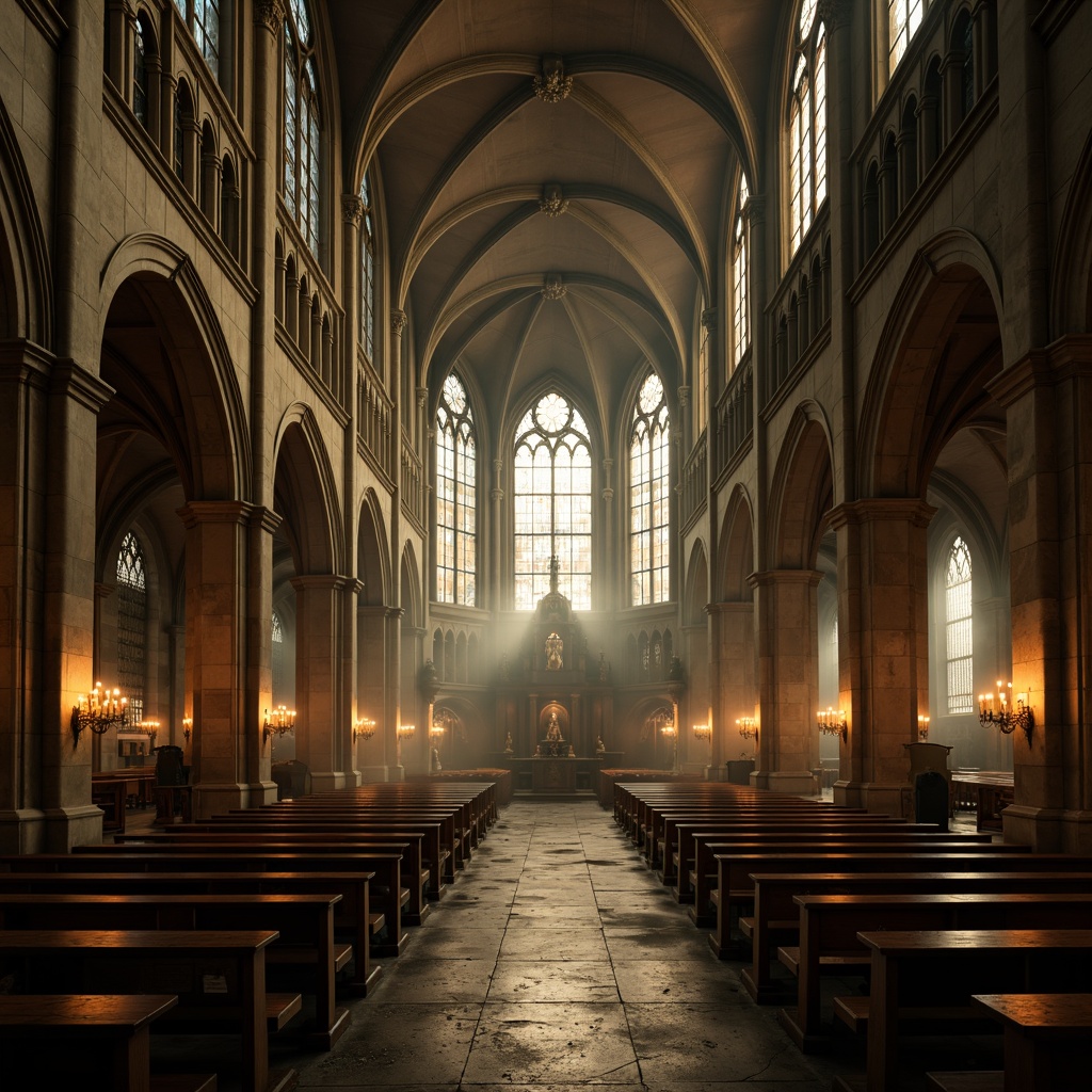 Prompt: Mysterious Gothic cathedral, khaki stone walls, ornate carvings, stained glass windows, grandiose vaulted ceilings, intricate archways, mystical ambiance, warm candlelight, eerie shadows, mysterious fog, misty atmosphere, dramatic lighting, 1/2 composition, low-angle shot, cinematic mood, rich textures, subtle grain.