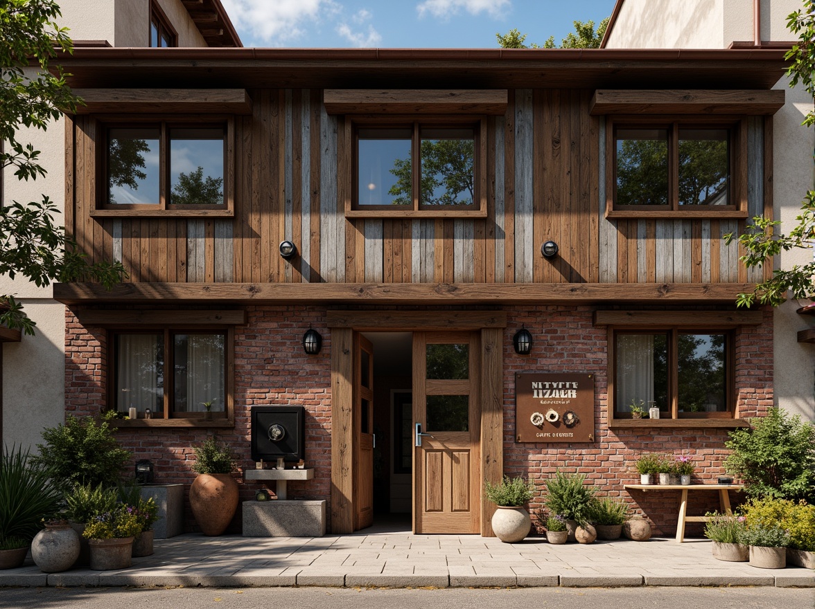 Prompt: Rustic workshop facade, distressed wooden planks, metal cladding, industrial-style windows, exposed brick walls, vintage signage, eclectic architectural details, warm earthy tones, natural stone foundations, overhanging roofs, asymmetrical composition, dramatic shadows, soft diffused lighting, 1/2 composition, realistic textures, ambient occlusion.