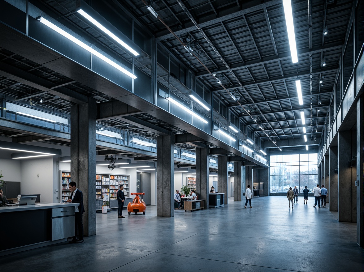 Prompt: Futuristic warehouse interior, exposed ductwork, metallic beams, polished concrete floors, neon-lit catwalks, suspended LED lights, industrial-style lamps, high-ceilinged spaces, automated storage systems, robotic arms, sleek metal shelving, minimalist decor, ambient occlusion, softbox lighting, 1/1 composition, shallow depth of field, realistic textures.