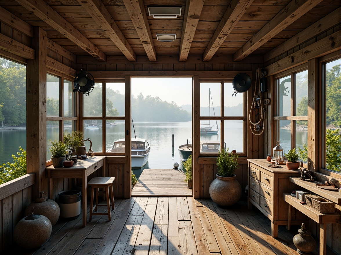 Prompt: Rustic boathouse, weathered wood accents, nautical ropes, distressed metal details, soft misty mornings, serene lake views, lush greenery, vibrant aquatic life, warm beige tones, calming blues, earthy browns, natural stone foundations, wooden docks, sailboat-inspired decor, vintage navigation instruments, cozy interior lighting, shallow depth of field, 1/1 composition, realistic textures, ambient occlusion.