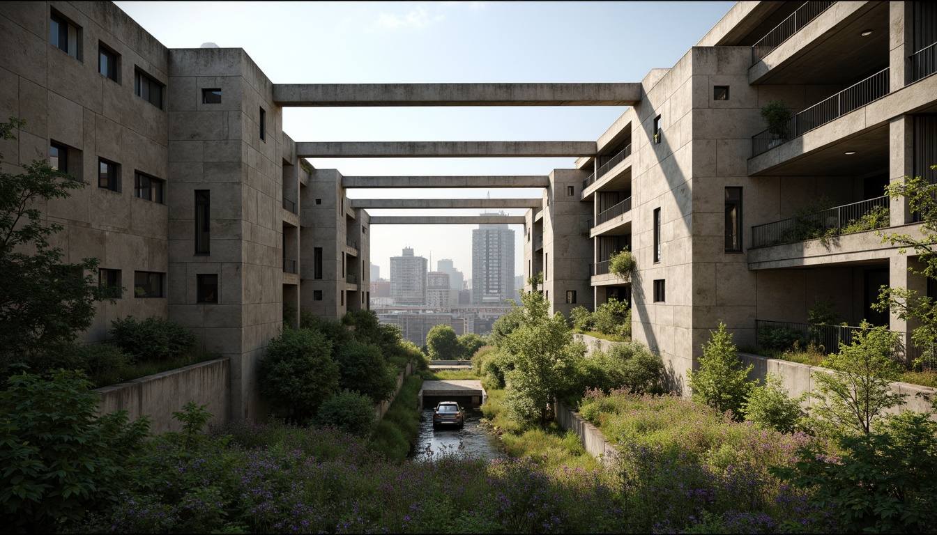 Prompt: Rugged brutalist buildings, raw concrete textures, fortress-like structures, overgrown vegetation, wildflowers, moss-covered walls, weathered steel beams, industrial materials, urban landscape integration, cityscape views, elevated walkways, cantilevered sections, dramatic shadows, harsh natural light, 1/1 composition, symmetrical framing, high-contrast lighting, gritty realistic textures, ambient occlusion.