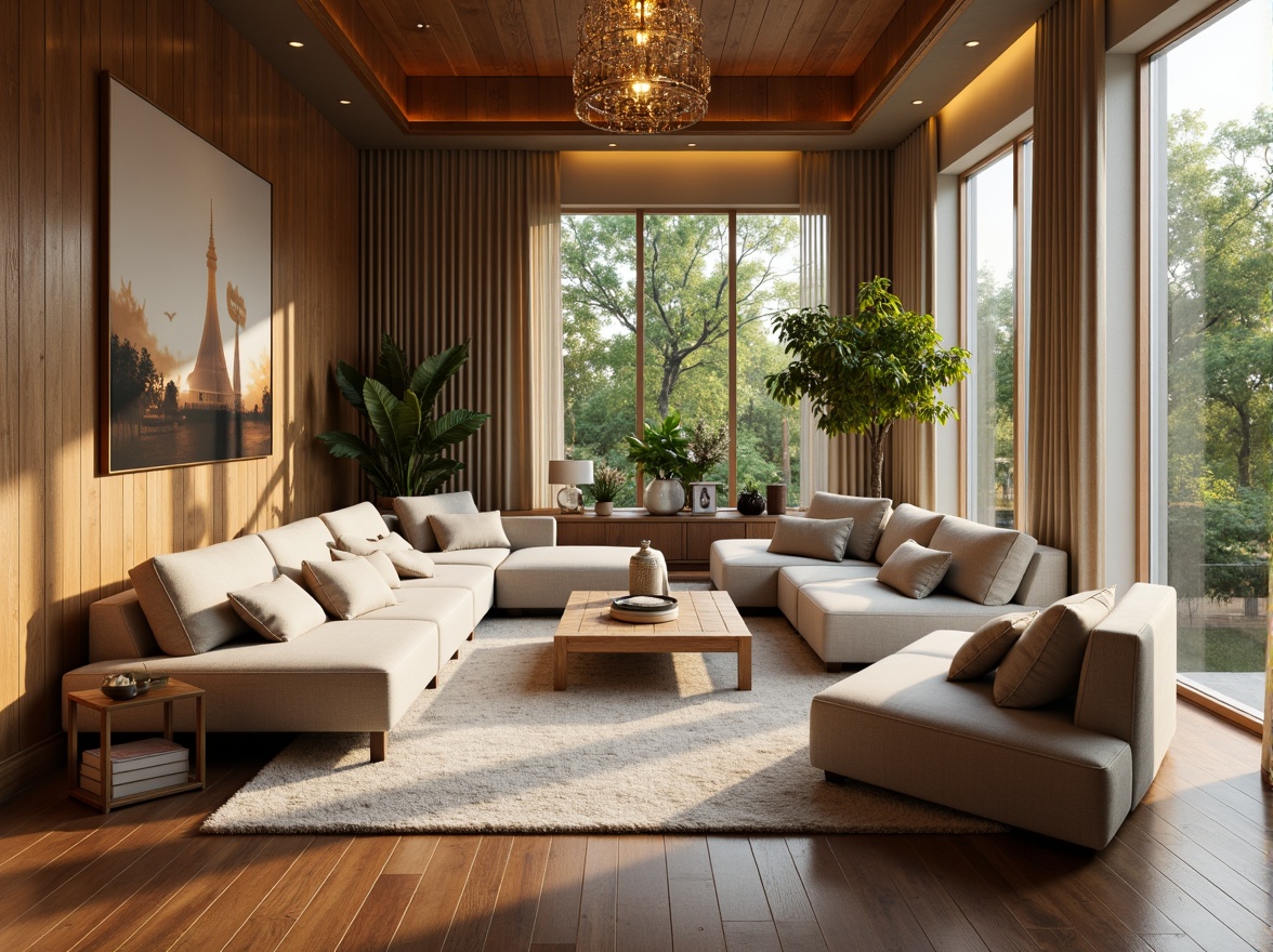 Prompt: Cozy living room, plush sofas, warm beige walls, rich wood flooring, soft golden lighting, comfortable throw pillows, modern minimalist decor, large windows, natural daylight, lush greenery views, elegant chandeliers, sophisticated color palette, calming atmosphere, shallow depth of field, 1/1 composition, realistic textures, ambient occlusion.