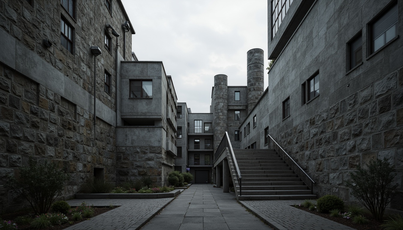 Prompt: Rough-hewn concrete walls, rugged stone textures, brutalist architecture, fortress-like structures, imposing monumental scale, dramatic shadows, harsh geometric lines, industrial materials, exposed ductwork, raw unfinished surfaces, urban cityscape, overcast sky, moody atmospheric lighting, high-contrast photography, 1/2 composition, symmetrical framing, gritty realistic render.