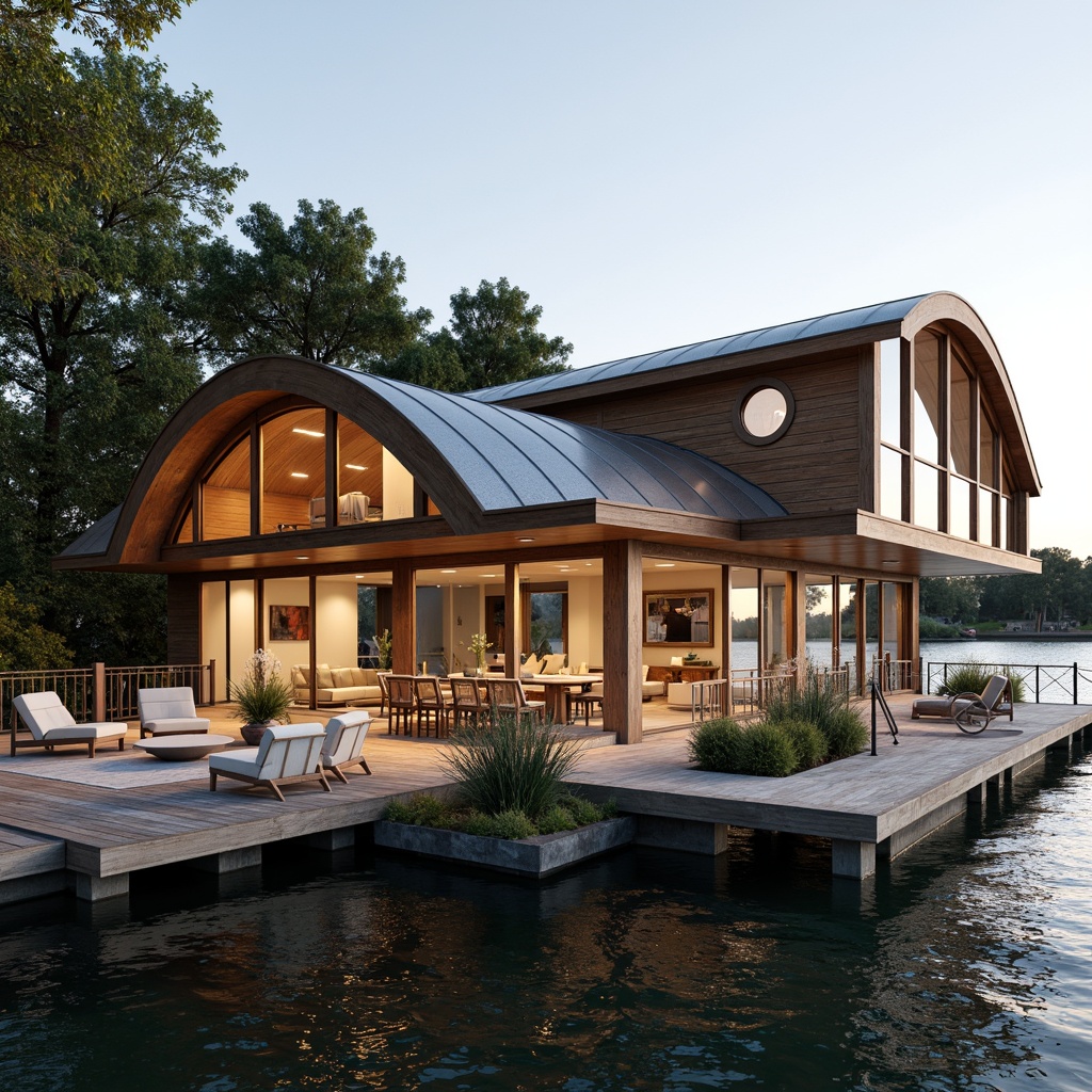 Prompt: Waterfront boathouse, international style, curved rooflines, wooden accents, nautical elements, sailboat-inspired design, rustic wood decking, rope railings, porthole windows, copper cladding, weathered steel roofing, modern minimalist interior, open-plan living area, floor-to-ceiling glass walls, panoramic lake views, soft warm lighting, shallow depth of field, 1/1 composition, realistic textures, ambient occlusion.