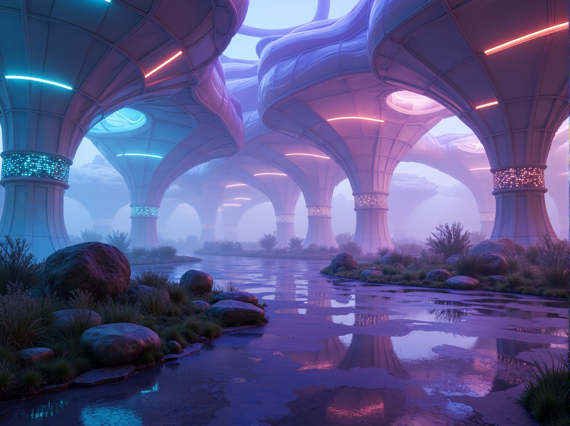 Prompt: Curved blob-like structures, organic shapes, futuristic architecture, iridescent colors, glowing neon lights, translucent materials, undulating surfaces, amoeba-inspired forms, fluid dynamics, soft focus, shallow depth of field, 1/1 composition, atmospheric perspective, misty ambiance, ethereal mood, dreamlike quality, surreal landscapes, sci-fi environments, extraterrestrial settings.