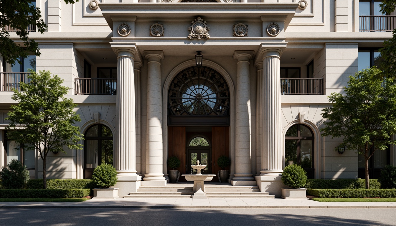 Prompt: Granite-clad facade, monumental columns, ornate metalwork, symmetrical composition, grand entrance, imposing scale, classical motifs, rusticated base, dramatic arches, intricate carvings, luxurious materials, high-contrast lighting, strong shadows, 1/1 composition, central axis, formal landscaping, manicured hedges, ornamental fountains, urban context, busy streetscape, morning light, soft focus.