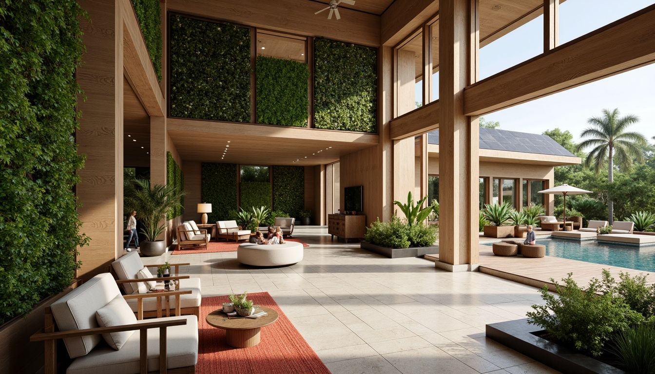 Prompt: Luxurious hotel lobby, natural stone flooring, living green walls, energy-efficient lighting, solar panels, rainwater harvesting systems, recycled materials, minimalist decor, eco-friendly furniture, organic textiles, serene ambiance, warm color palette, abundant natural light, floor-to-ceiling windows, sliding glass doors, outdoor pool deck, lush tropical gardens, misting system, shallow depth of field, 1/1 composition, realistic textures, ambient occlusion.