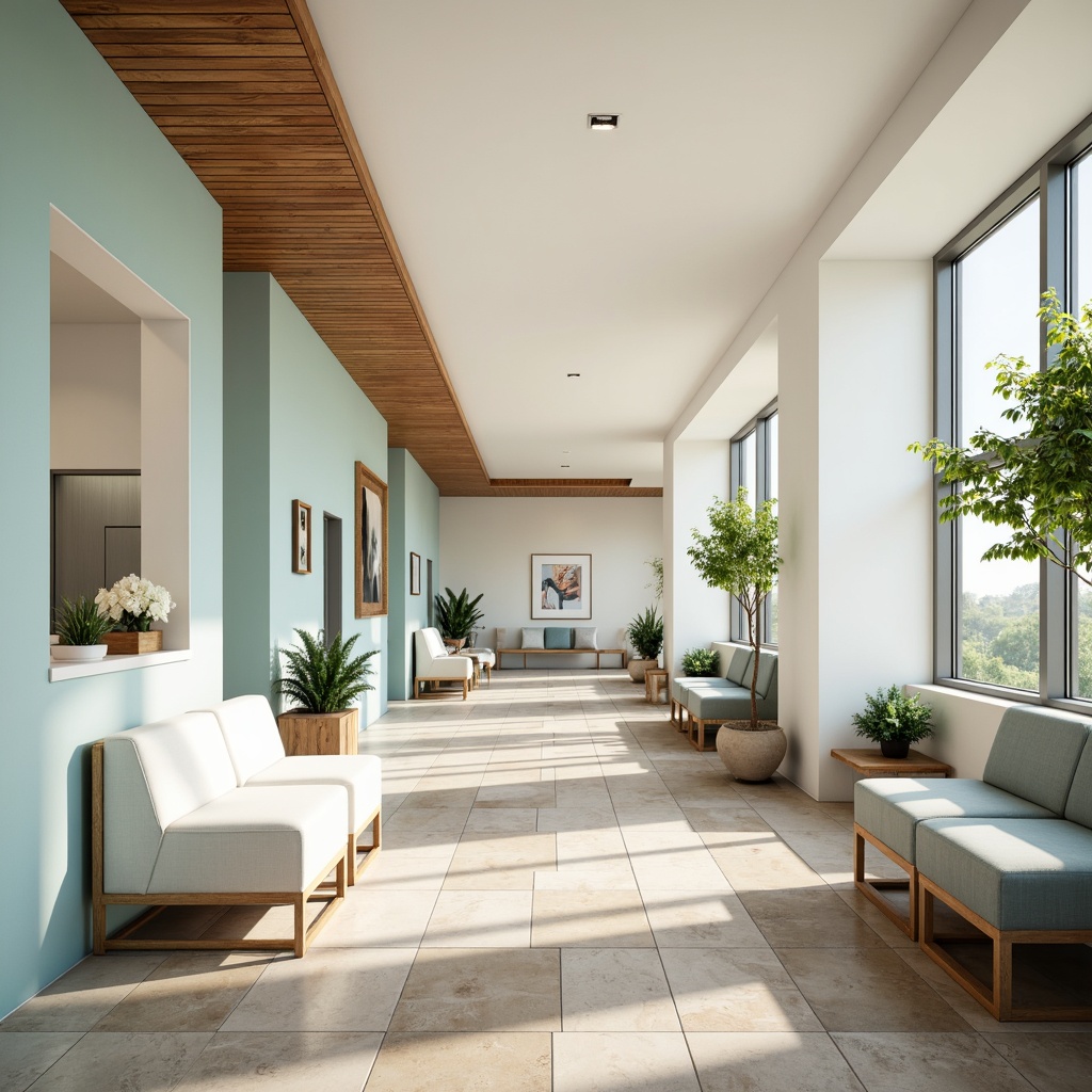 Prompt: Calming medical clinic, soothing color scheme, pastel shades, gentle whites, creamy beiges, soft blues, muted greens, warm wood accents, natural stone floors, minimalist decor, modern furniture, comfortable seating areas, abundant natural light, subtle texture contrasts, 1/1 composition, shallow depth of field, realistic renderings.