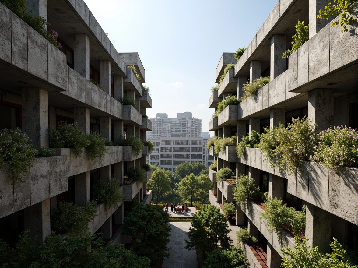 Prompt: Rugged brutalist buildings, raw concrete textures, fortress-like structures, overgrown vegetation, wildflowers, moss-covered walls, weathered steel beams, industrial materials, urban landscape integration, cityscape views, elevated walkways, cantilevered sections, dramatic shadows, harsh natural light, 1/1 composition, symmetrical framing, high-contrast lighting, gritty realistic textures, ambient occlusion.