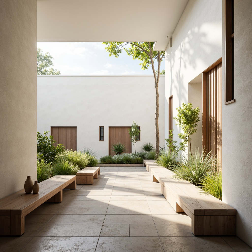 Prompt: Serene monastery courtyard, minimalist Bauhaus architecture, clean lines, simple shapes, white walls, large windows, natural stone floors, wooden benches, sparse greenery, subtle shadows, soft warm lighting, high ceilings, clerestory windows, diffused light, 1/1 composition, realistic textures, ambient occlusion.