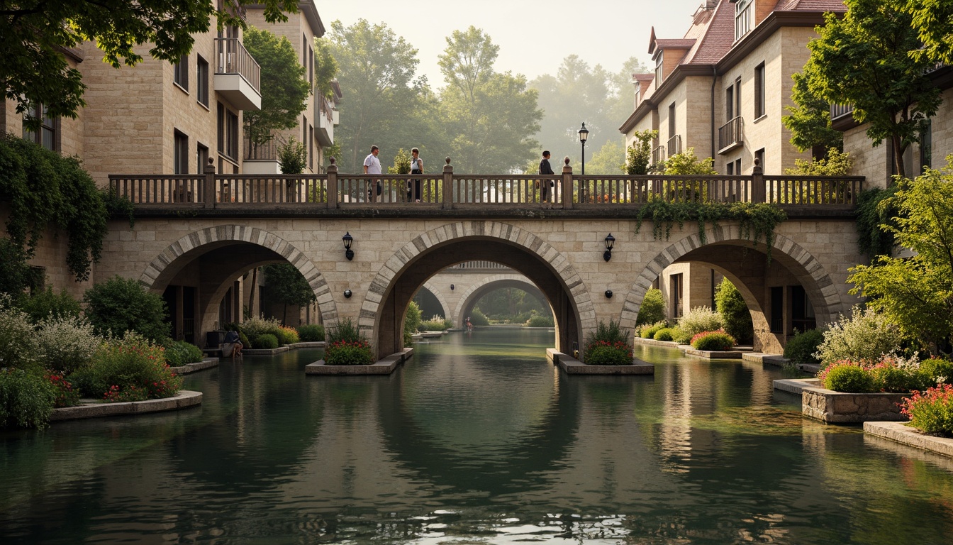 Prompt: Ancient stone bridges, ornate balustrades, rustic arches, weathered stonework, moss-covered piers, tranquil water reflections, serene riverbanks, lush greenery, vibrant flowers, historic lamp posts, decorative ironwork, grandiose entranceways, symmetrical composition, warm golden lighting, soft misty atmosphere, 1/2 composition, realistic textures, ambient occlusion.