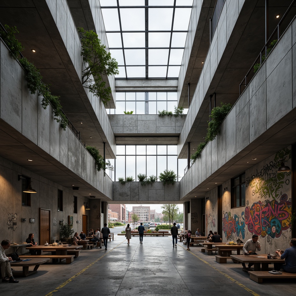 Prompt: Rugged community center, brutalist architecture, raw concrete walls, exposed ductwork, industrial metal beams, natural light pouring in, large skylights, clerestory windows, urban landscape views, gritty cityscape, overcast sky, soft diffused lighting, high contrast shadows, dramatic architectural forms, bold geometric shapes, functional minimalism, communal gathering spaces, reclaimed wood accents, weathered steel features, abstract graffiti art, moody atmospheric tones, cinematic composition, realistic textures, ambient occlusion.