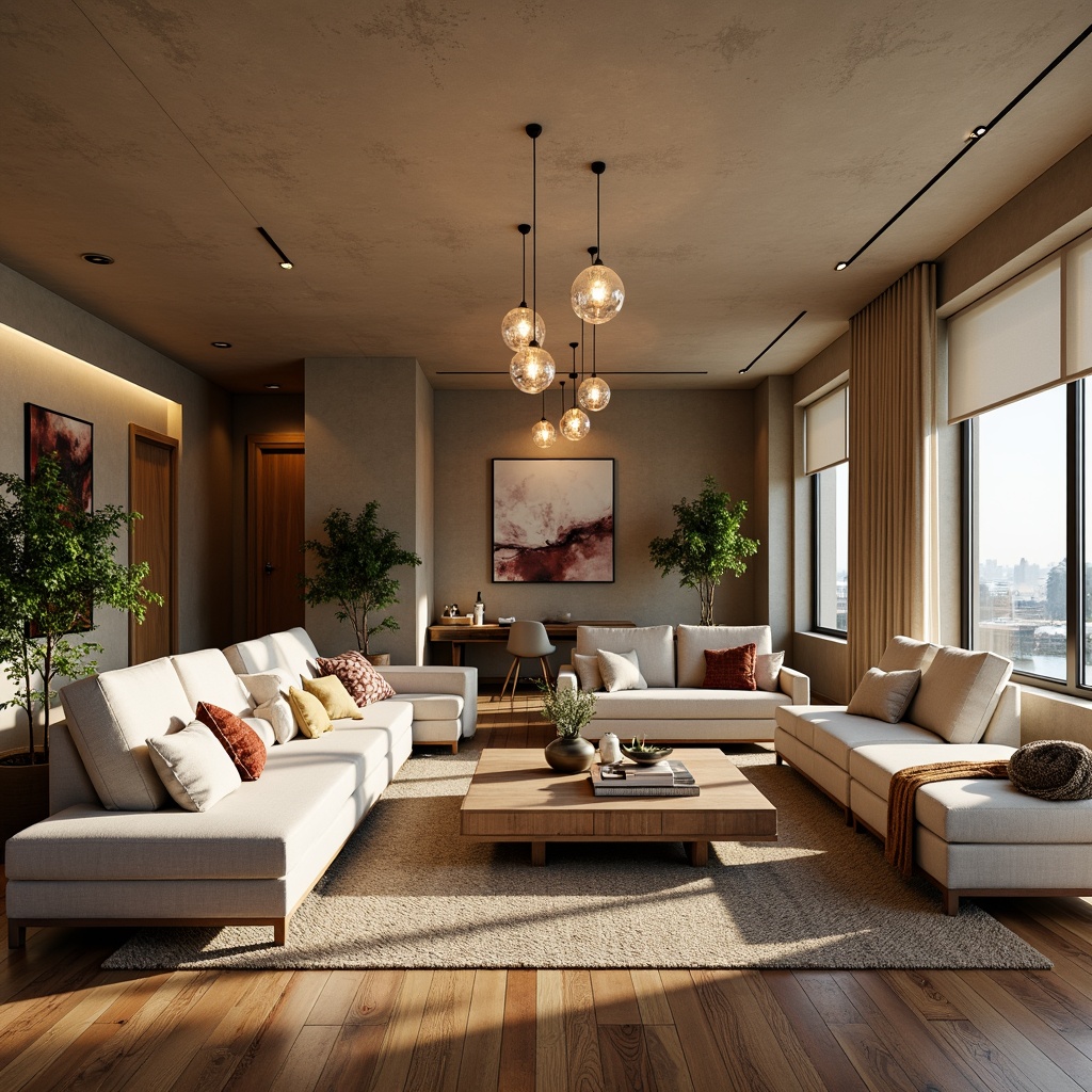 Prompt: Cozy living room, plush sofas, warm beige walls, rich wood flooring, modern minimalist decor, floor-to-ceiling windows, natural light pouring in, comfortable reading nooks, soft warm lighting, textured throw blankets, vibrant greenery, elegant chandeliers, sleek coffee tables, functional storage solutions, ergonomic furniture design, calming color palette, inviting atmosphere, 1/1 composition, shallow depth of field, realistic textures.